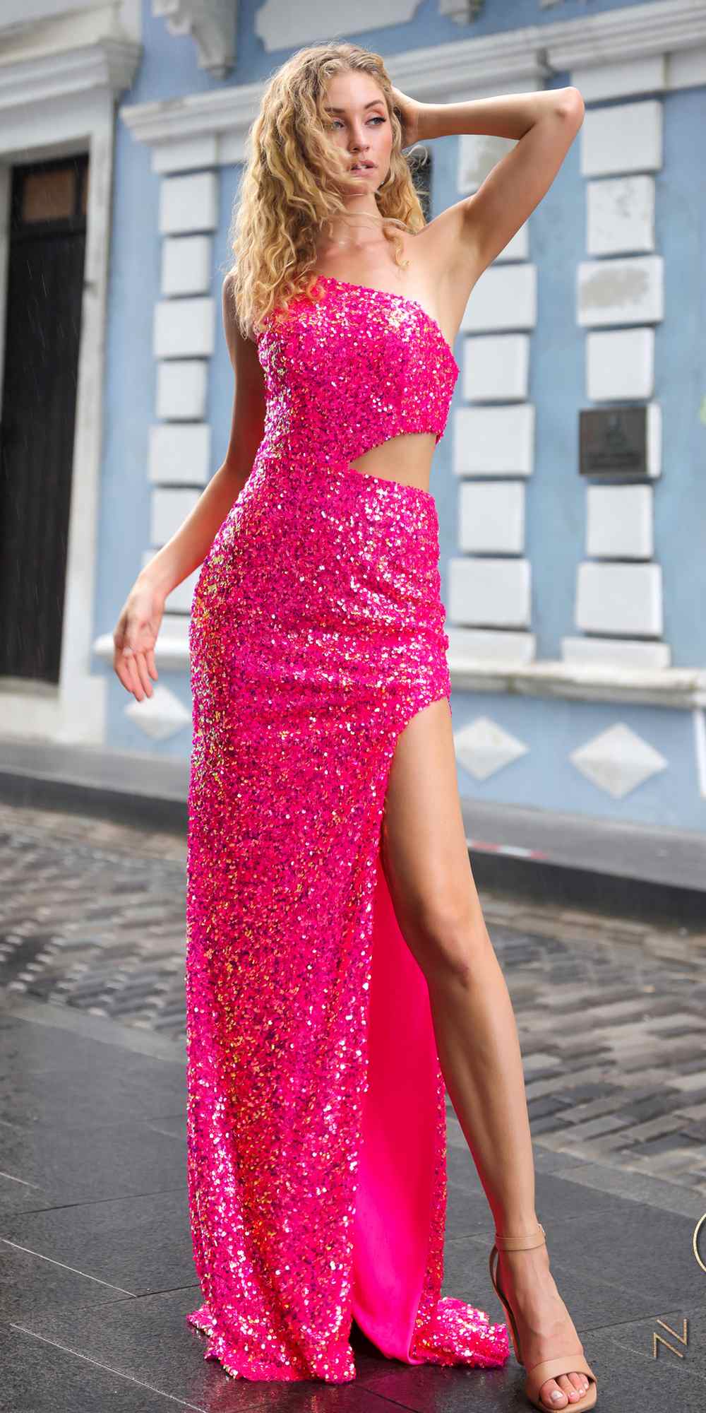 Fuchsia sequin one-shoulder long gown with side cut-out and high slit