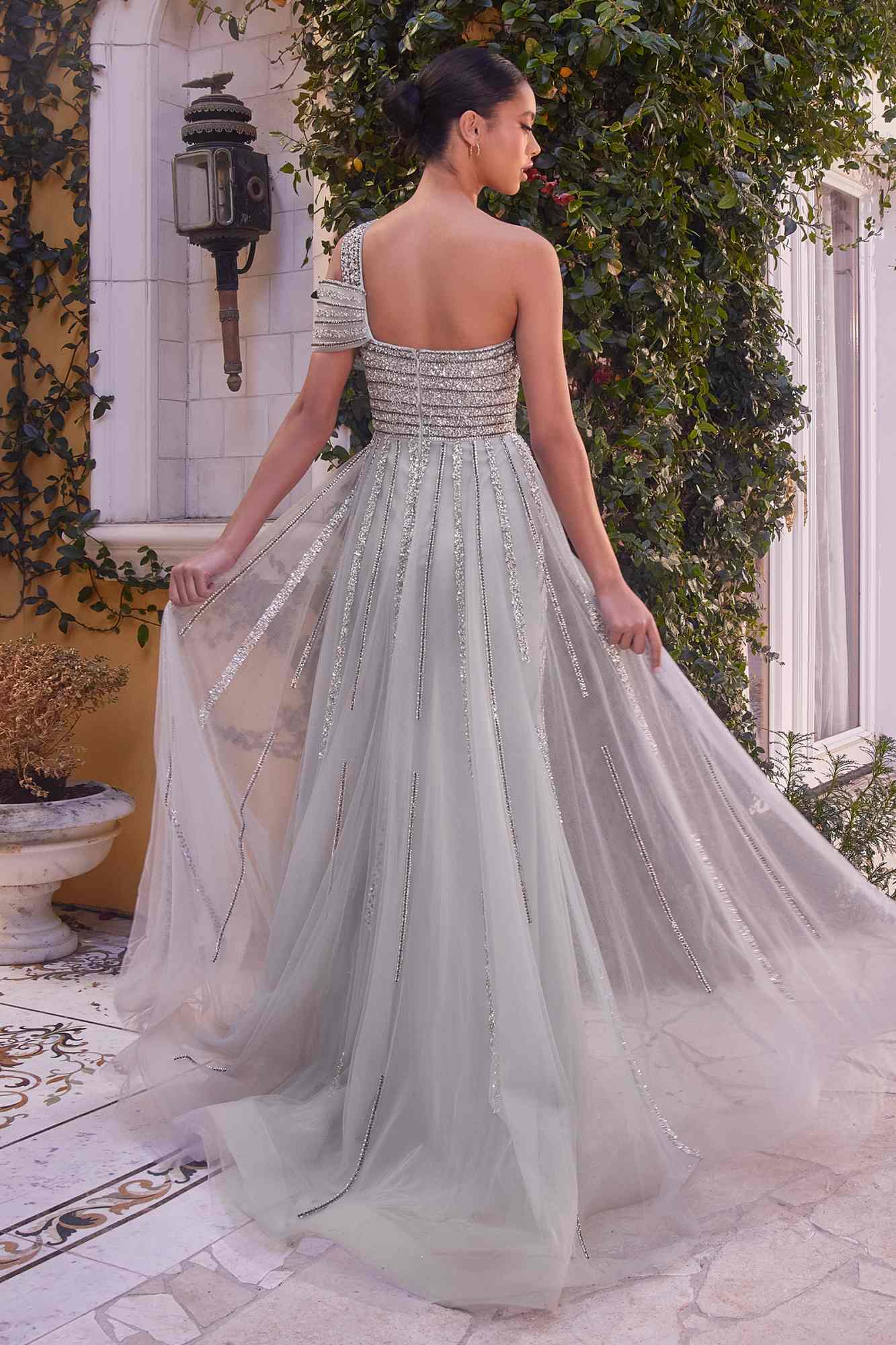 Silver beaded one-shoulder gown, open back with flowing tulle skirt