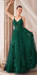 Emerald green A-line tulle gown with V-neck and lace floral appliques, sleeveless