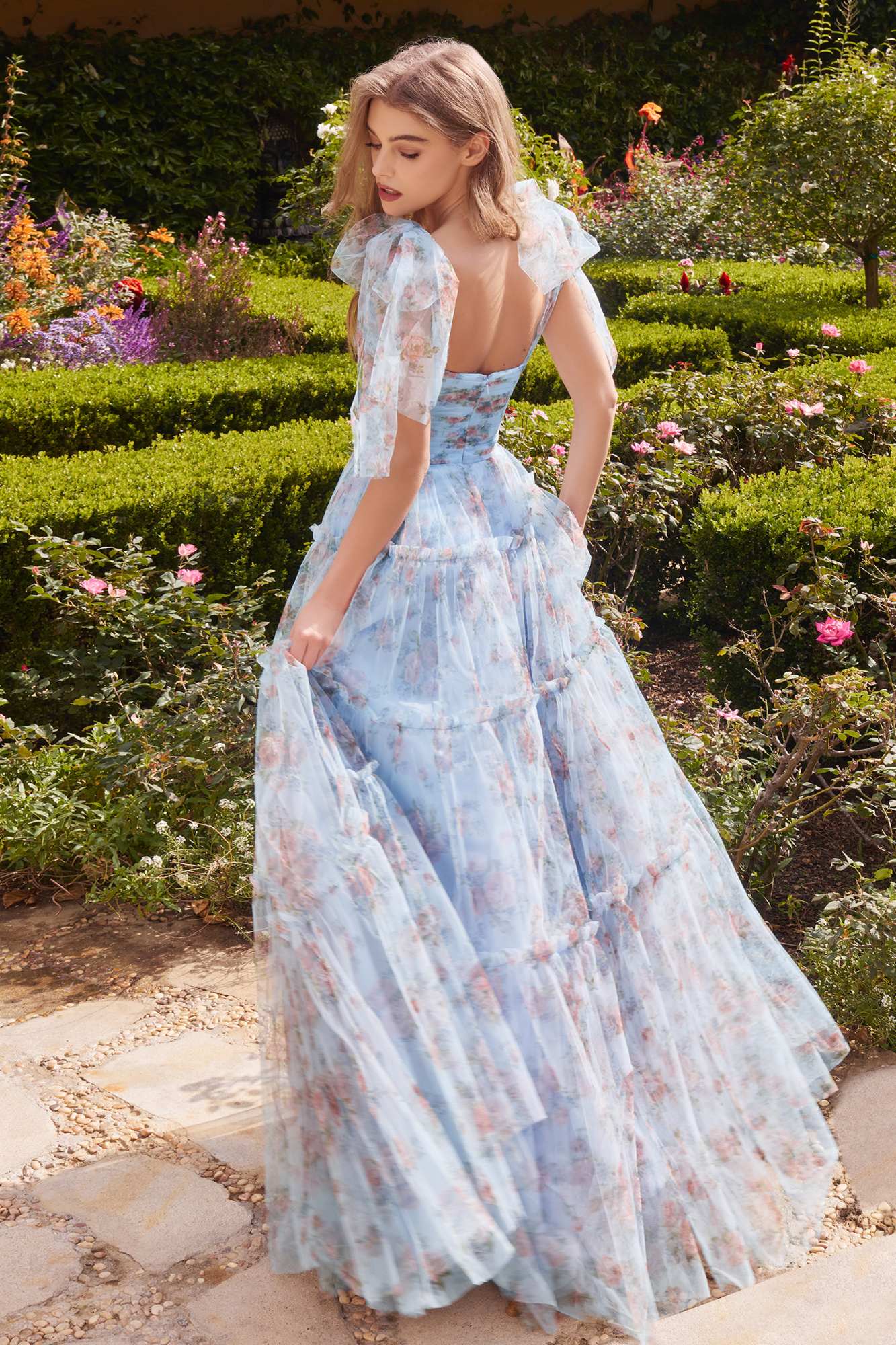Blue printed floral tiered tulle gown with square bodice and sheer shoulder overlay