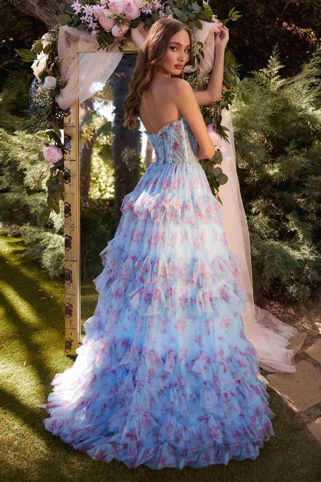 Light blue floral strapless tiered skirt dress with ruffled layered hem