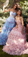 Floral strapless tiered skirt dress set: light blue and pink ruffled layered skirts