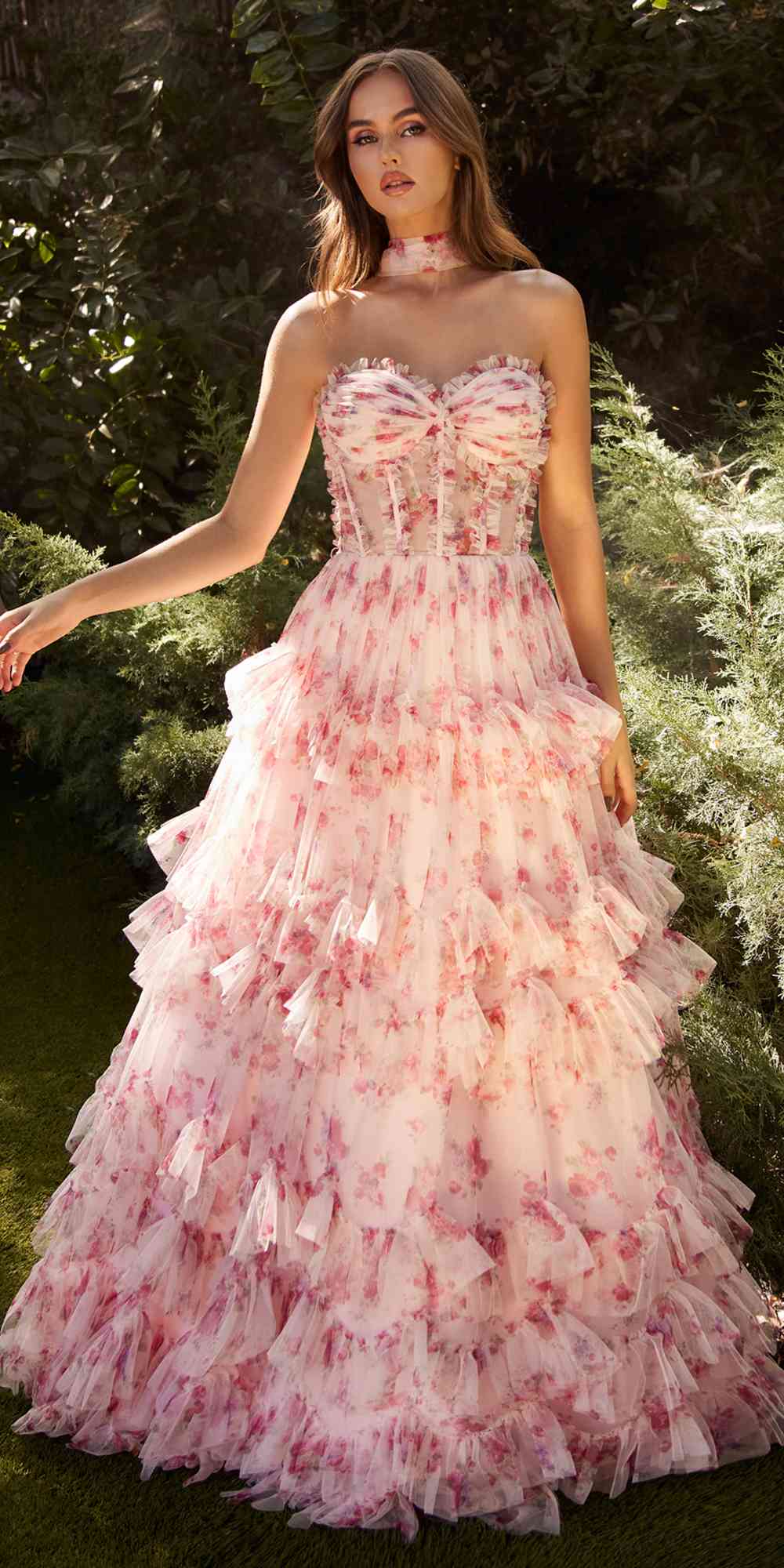 Floral strapless tiered skirt dress with pink rose print and ruffled layered hem