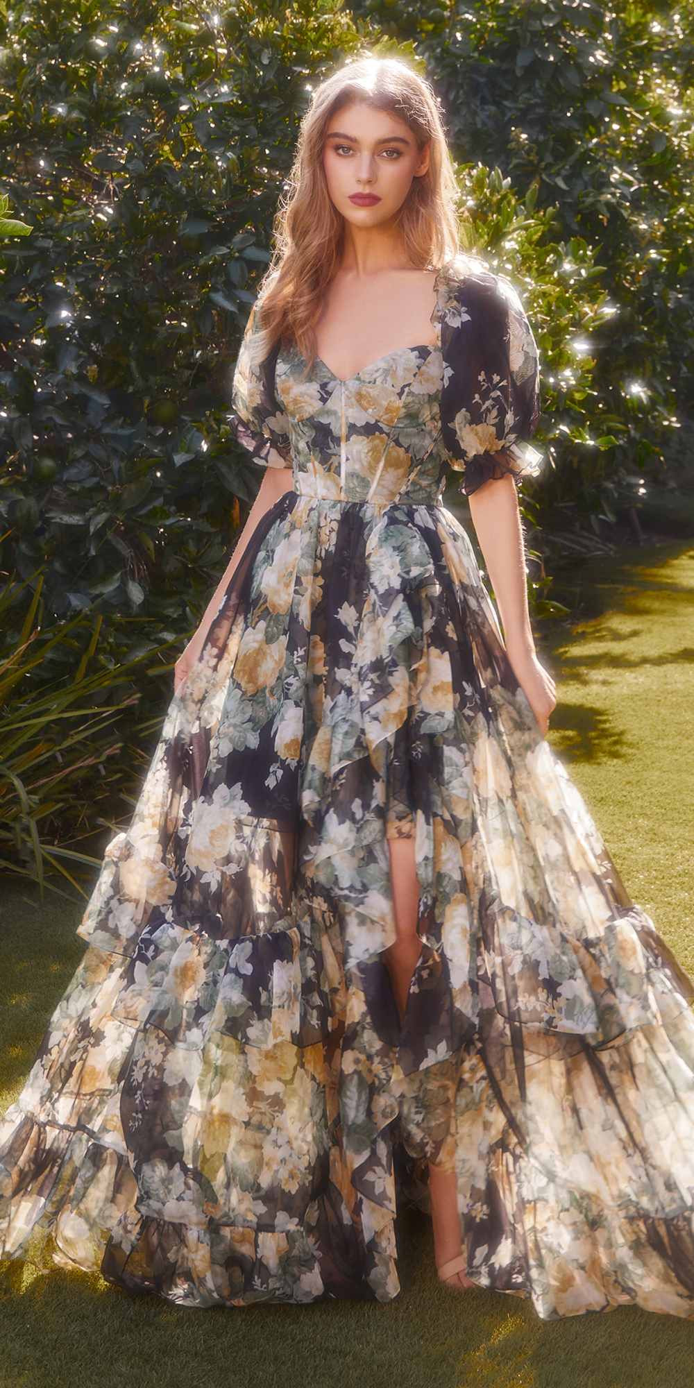 Long dark floral A-line gown with puff sleeves, tiered skirt, square neckline