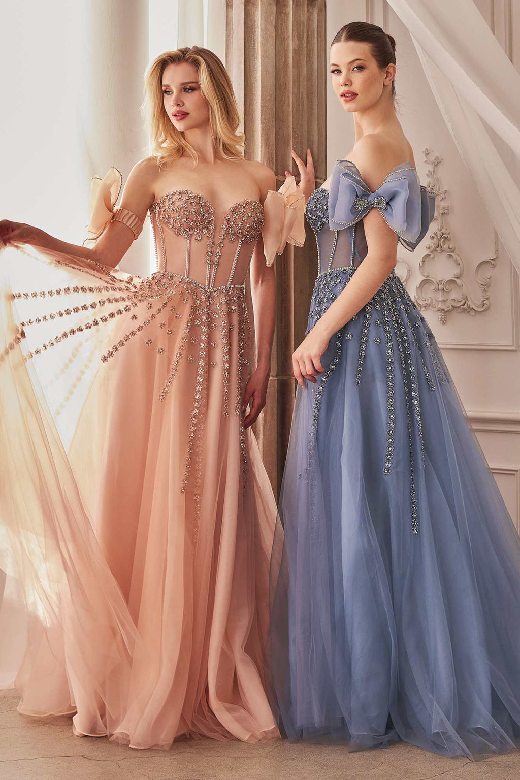 Strapless beaded gowns in rose gold and midnight blue, each with bow arm bands and tulle skirt.