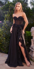 Black long strapless A-line chiffon dress with tiered ruffles and side bow detail