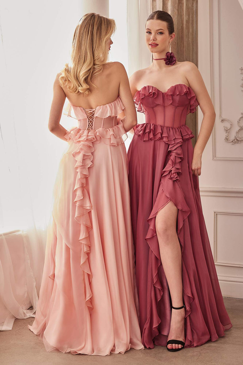 Ruffle chiffon A-line dresses in blush and burgundy, with layered fronts and side slit