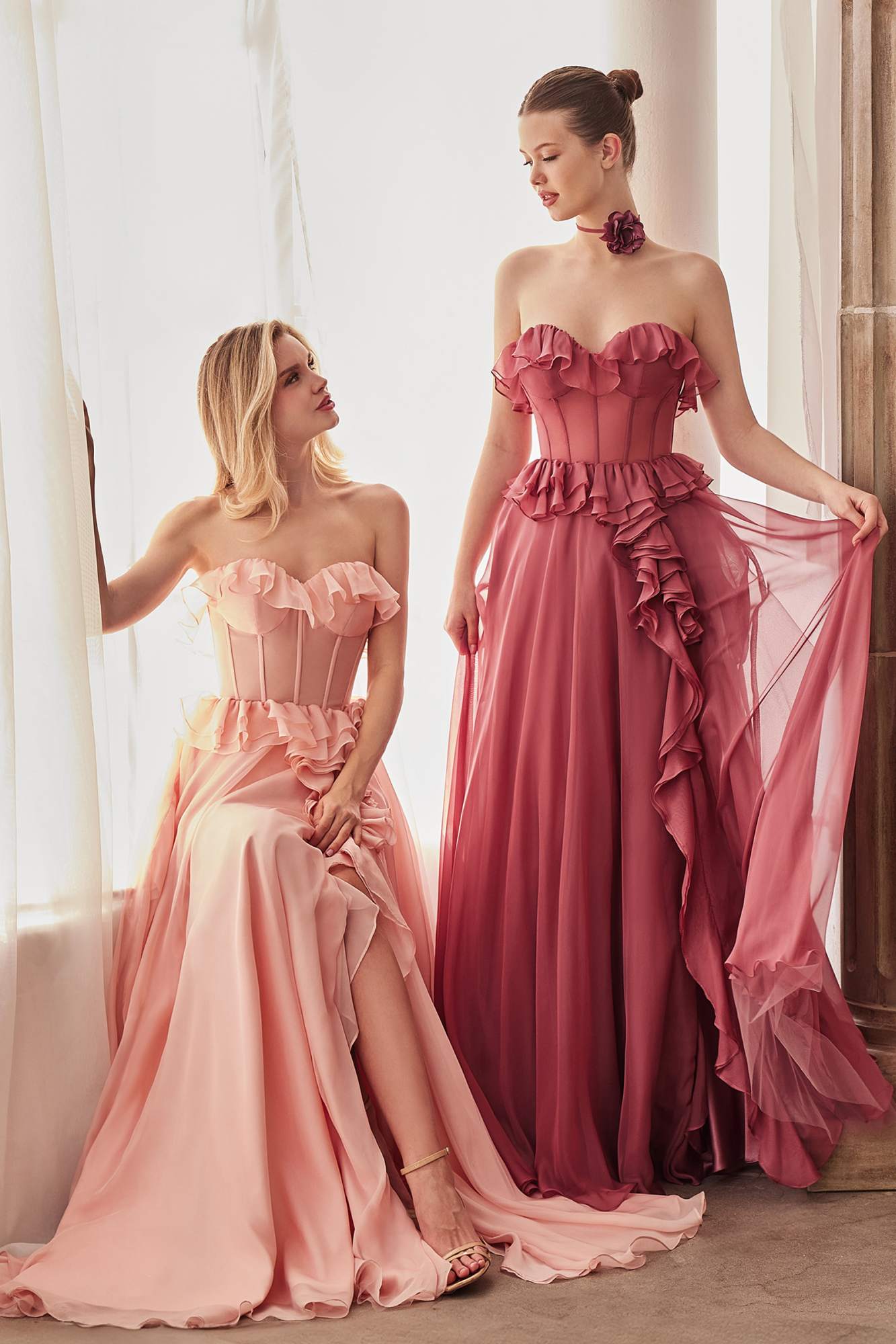 Blush pink long strapless A-line chiffon dress with layered ruffles and bow ties