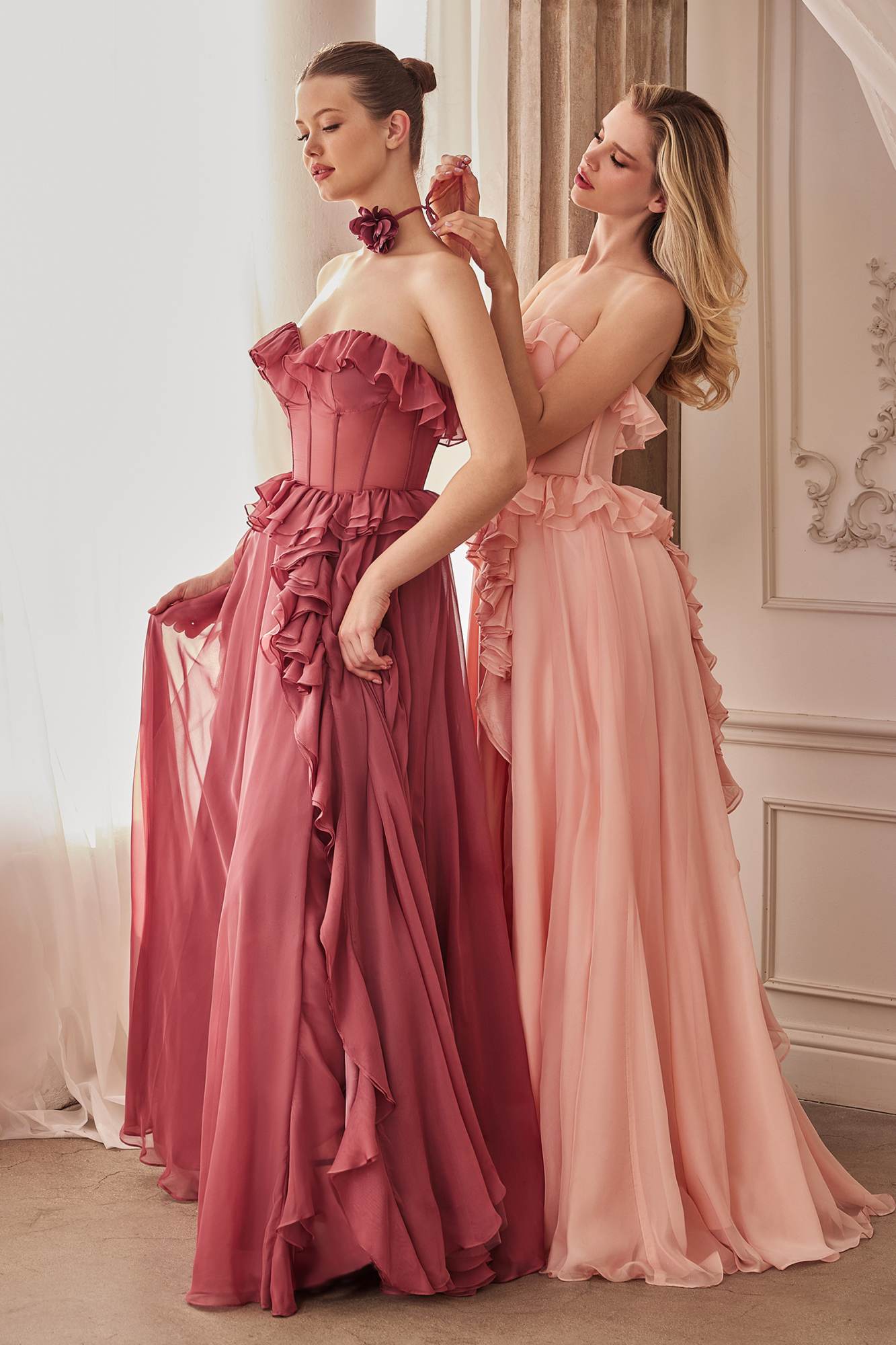 Rose pink long strapless A-line chiffon dress with ruffled bodice and tiered skirt