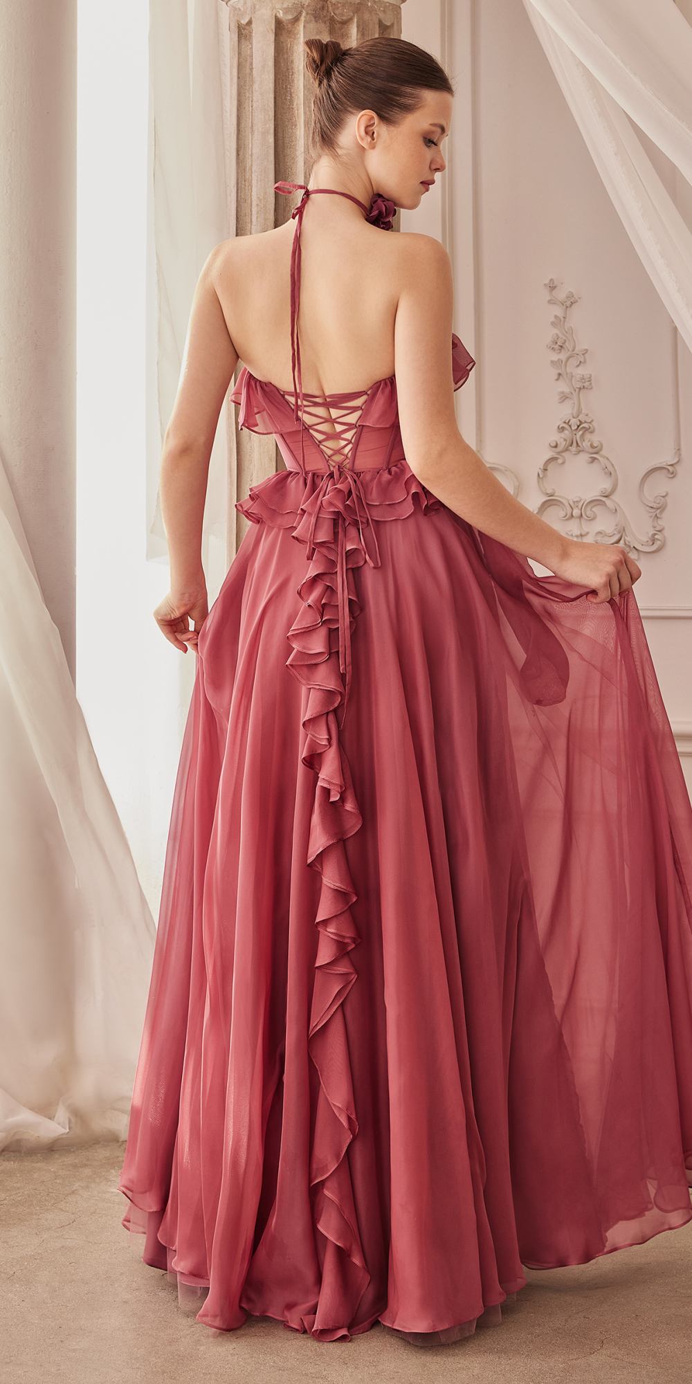 Rose pink chiffon A-line ruffle dress with thin back straps and tiered skirt