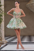 Andrea & Leo short sequin floral A-line dress, green floral print, spaghetti straps