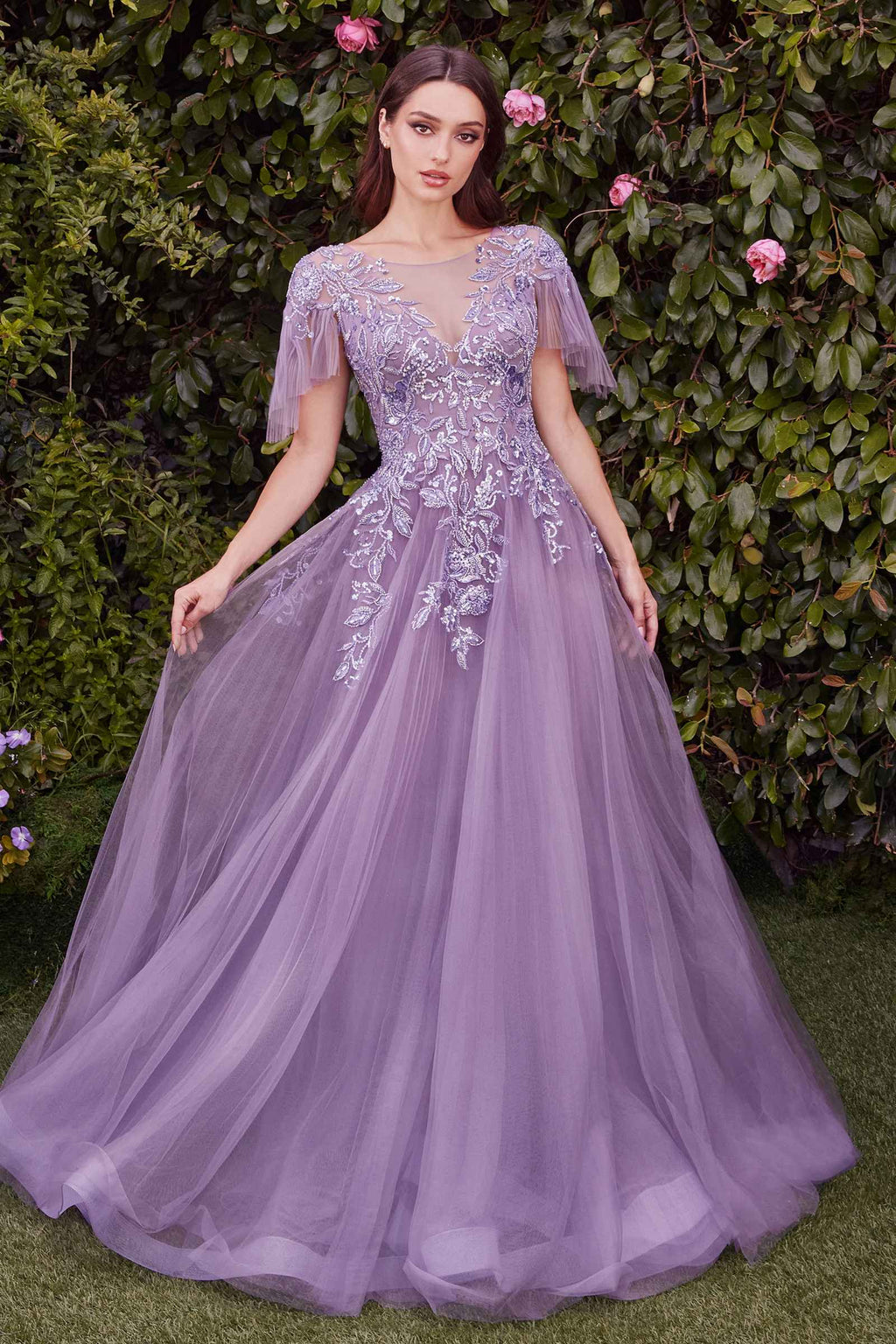 Embellished lace tulle ball gown with cap sleeves and floral appliques, lilac tone