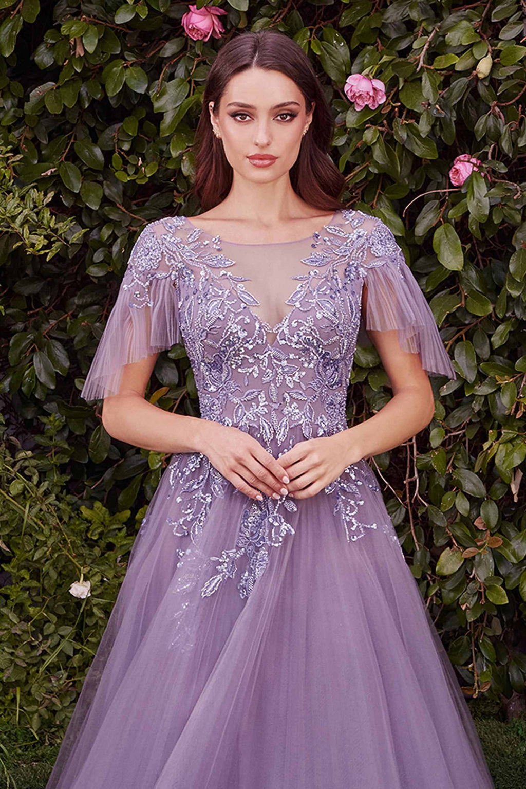 Embellished lace and tulle ball gown with cap sleeves and floral appliques, lilac tone