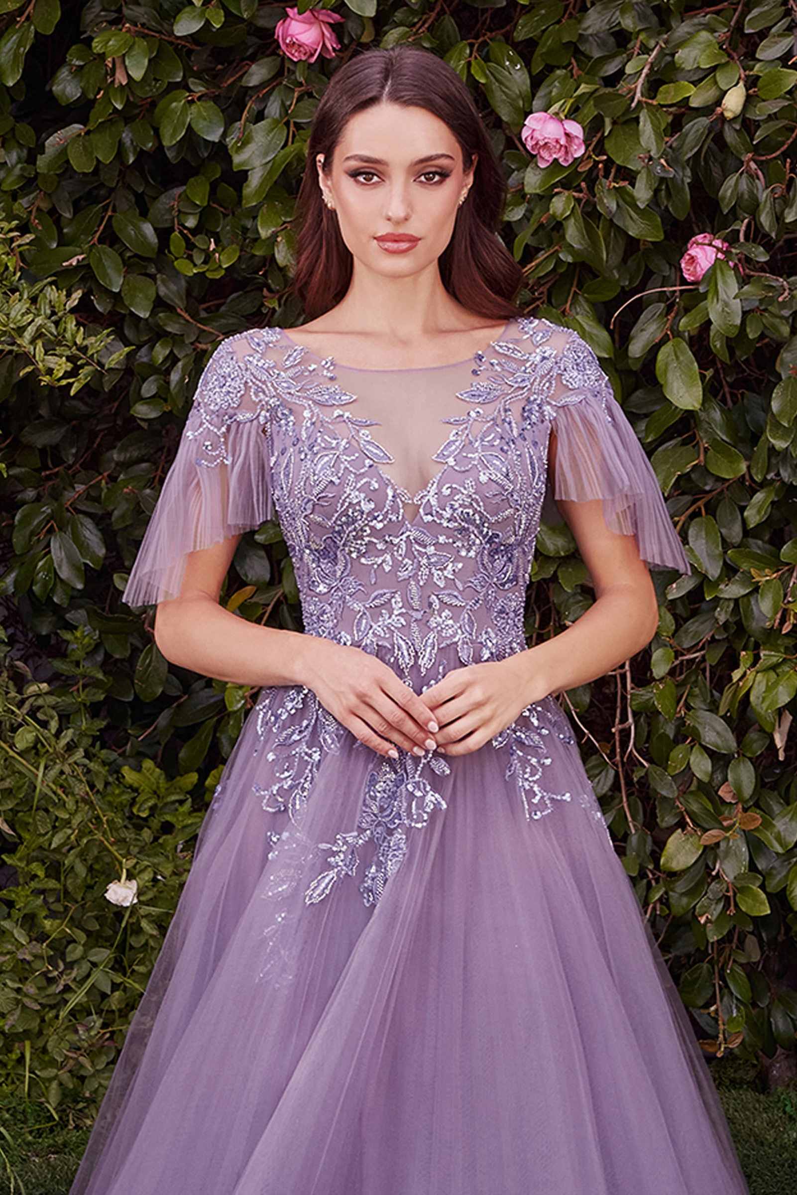 Embellished lace and tulle ball gown with cap sleeves and floral appliques, lilac tone