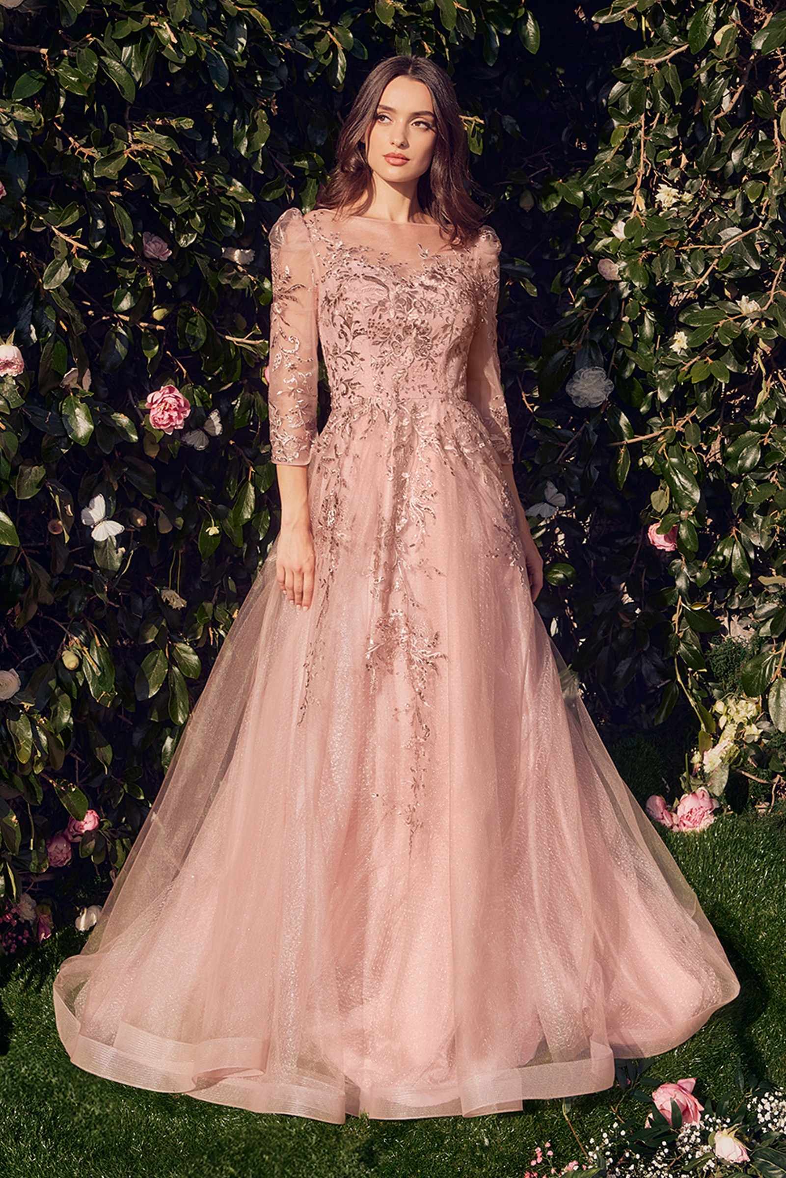 Dusty rose lace and tulle three-quarter sleeve ball gown with fitted bodice