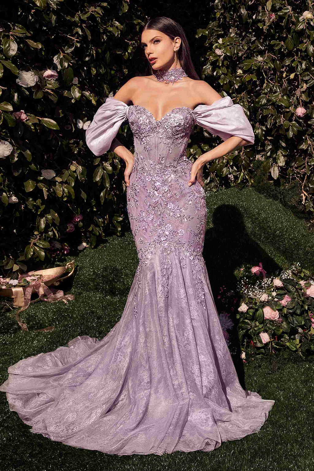 Lavender lace mermaid gown with off-shoulder sleeves and fitted waist