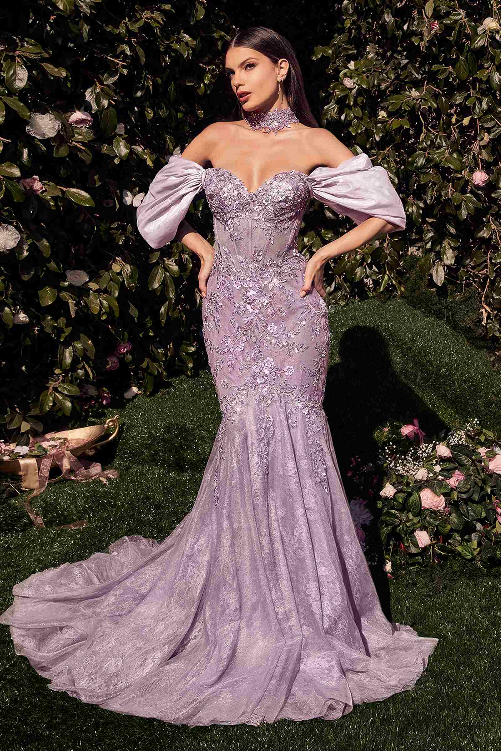Lavender lace mermaid gown with off-shoulder sleeves and fitted waist