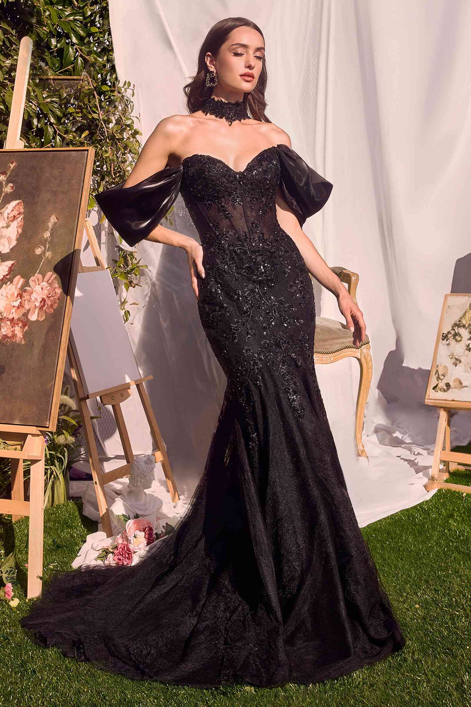 Black sequined lace mermaid gown with off-shoulder puff sleeves