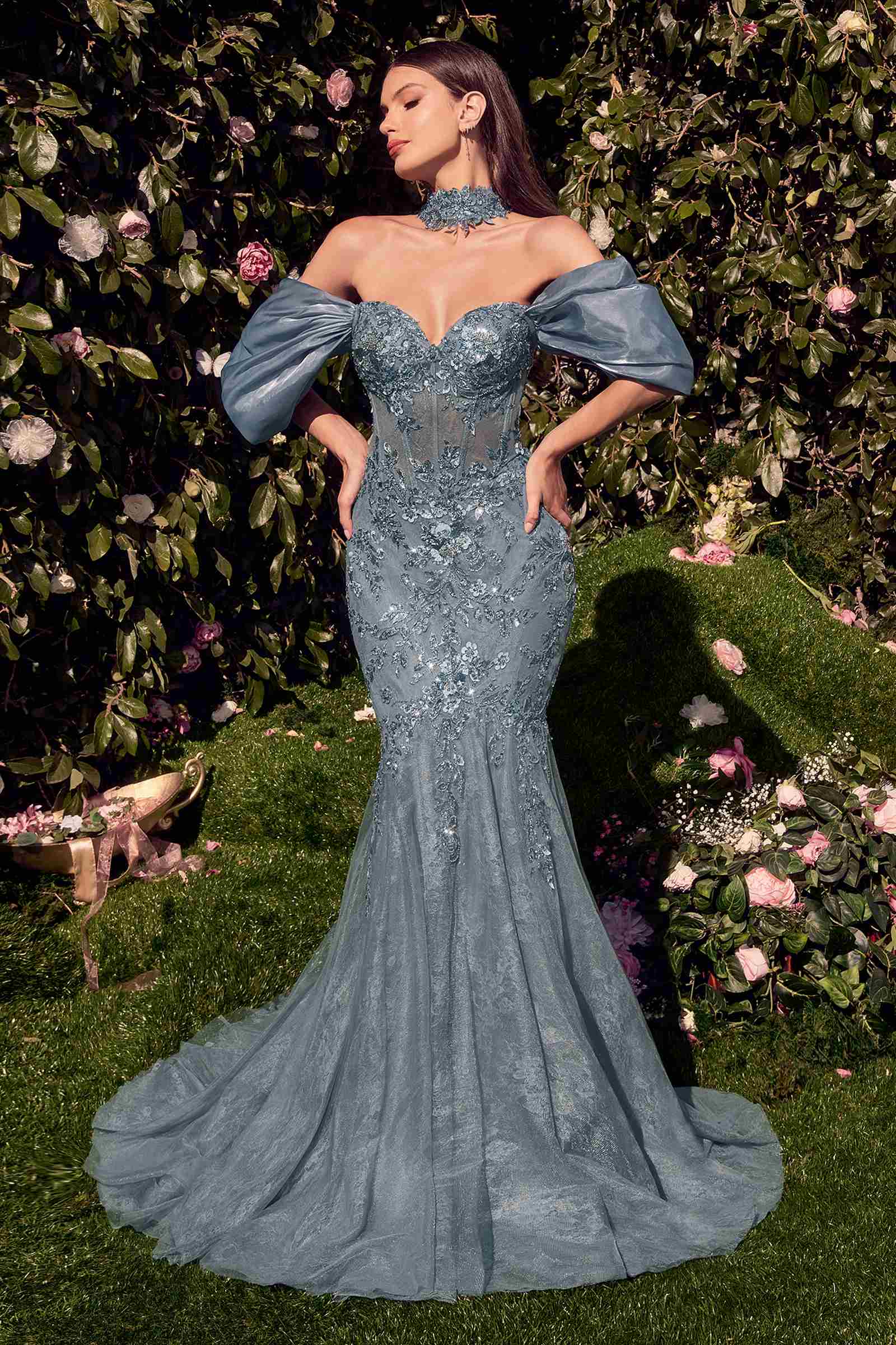 Blue strapless lace mermaid gown with high neckline and off-shoulder sleeves