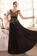 Pleated A-line satin gown with embellished floral bodice, dark black