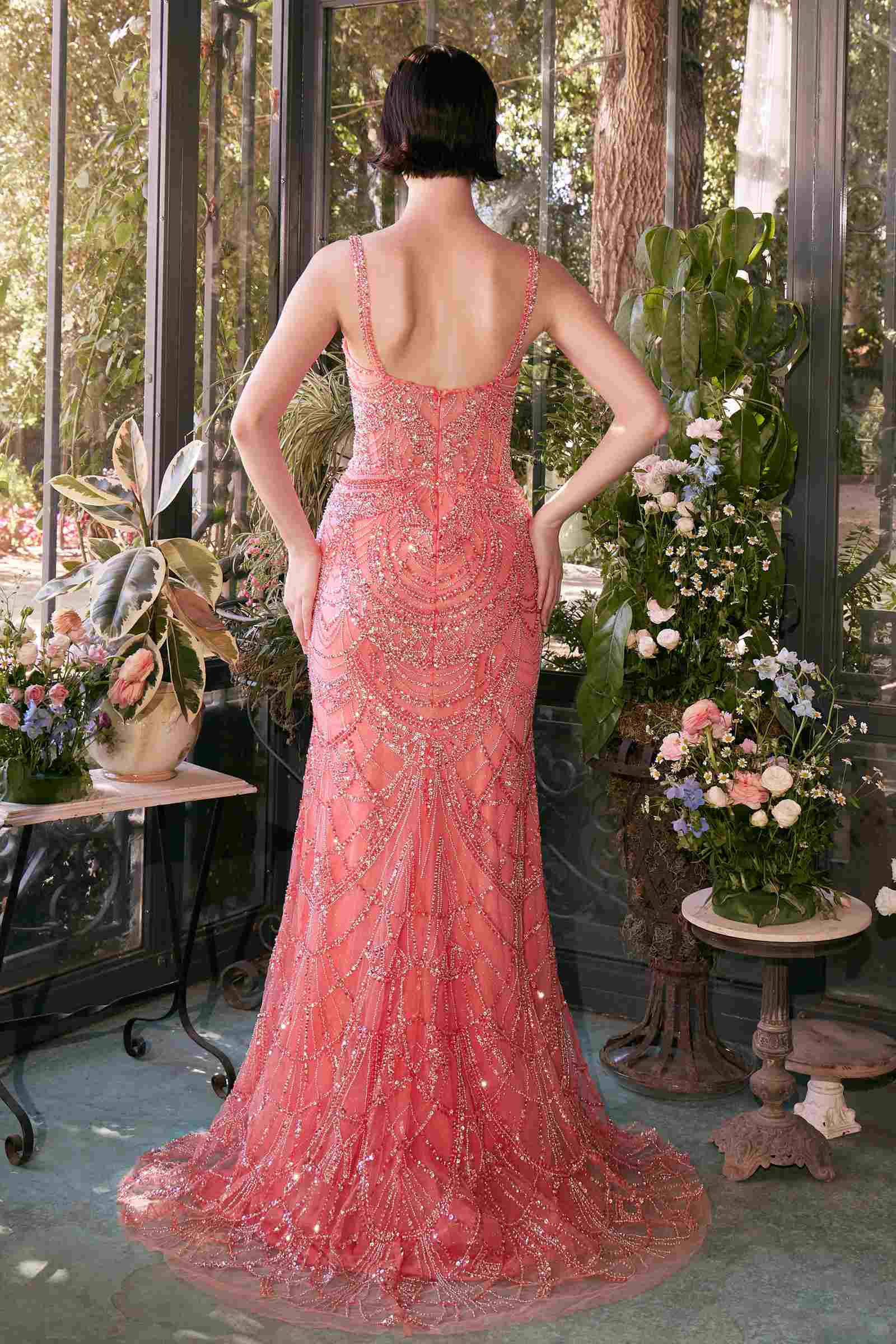 Rose-pink fitted beaded evening gown, open back and fitted mermaid silhouette
