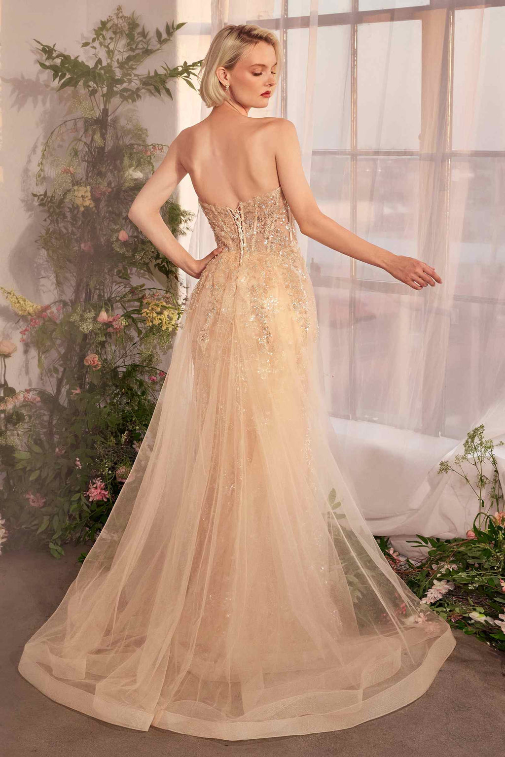 Champagne strapless sequin gown with full layered tulle skirt