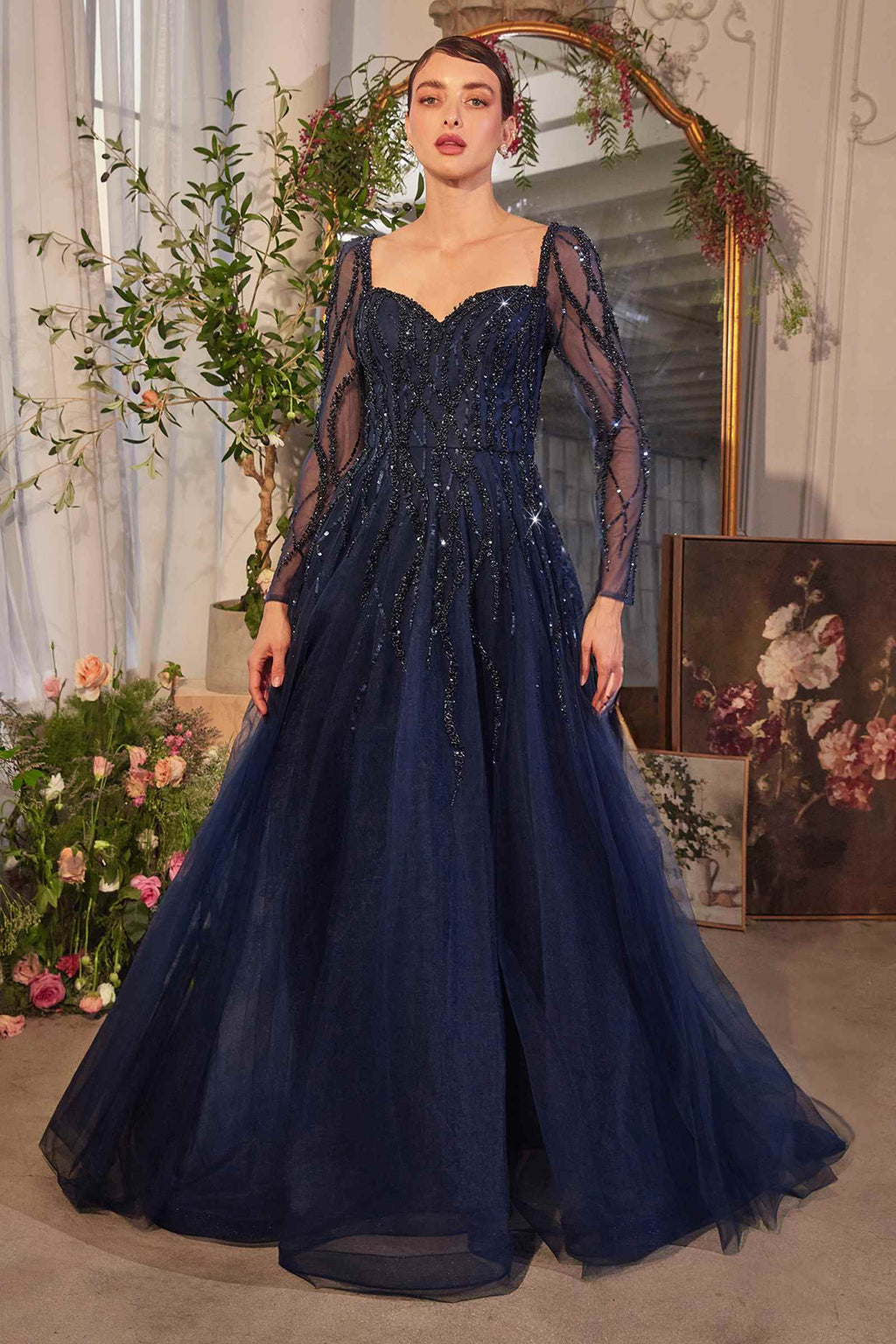Navy sequin long-sleeve A-line gown with square neckline and corset bodice