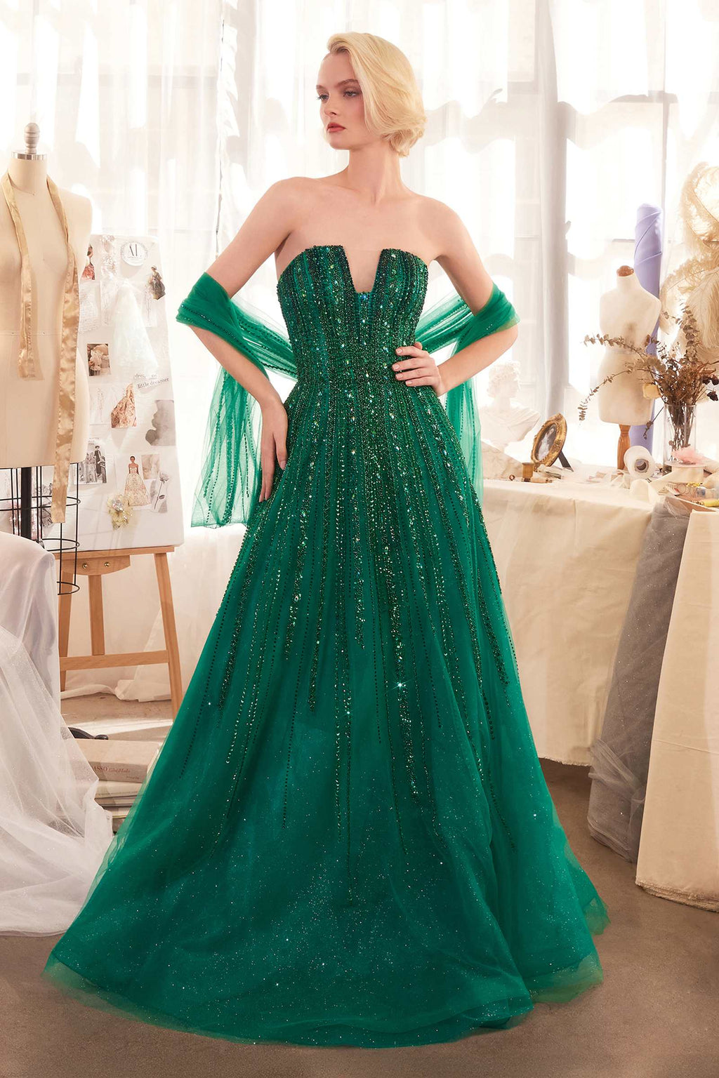 Emerald green ombre strapless A-line beaded gown with long sheer sleeves