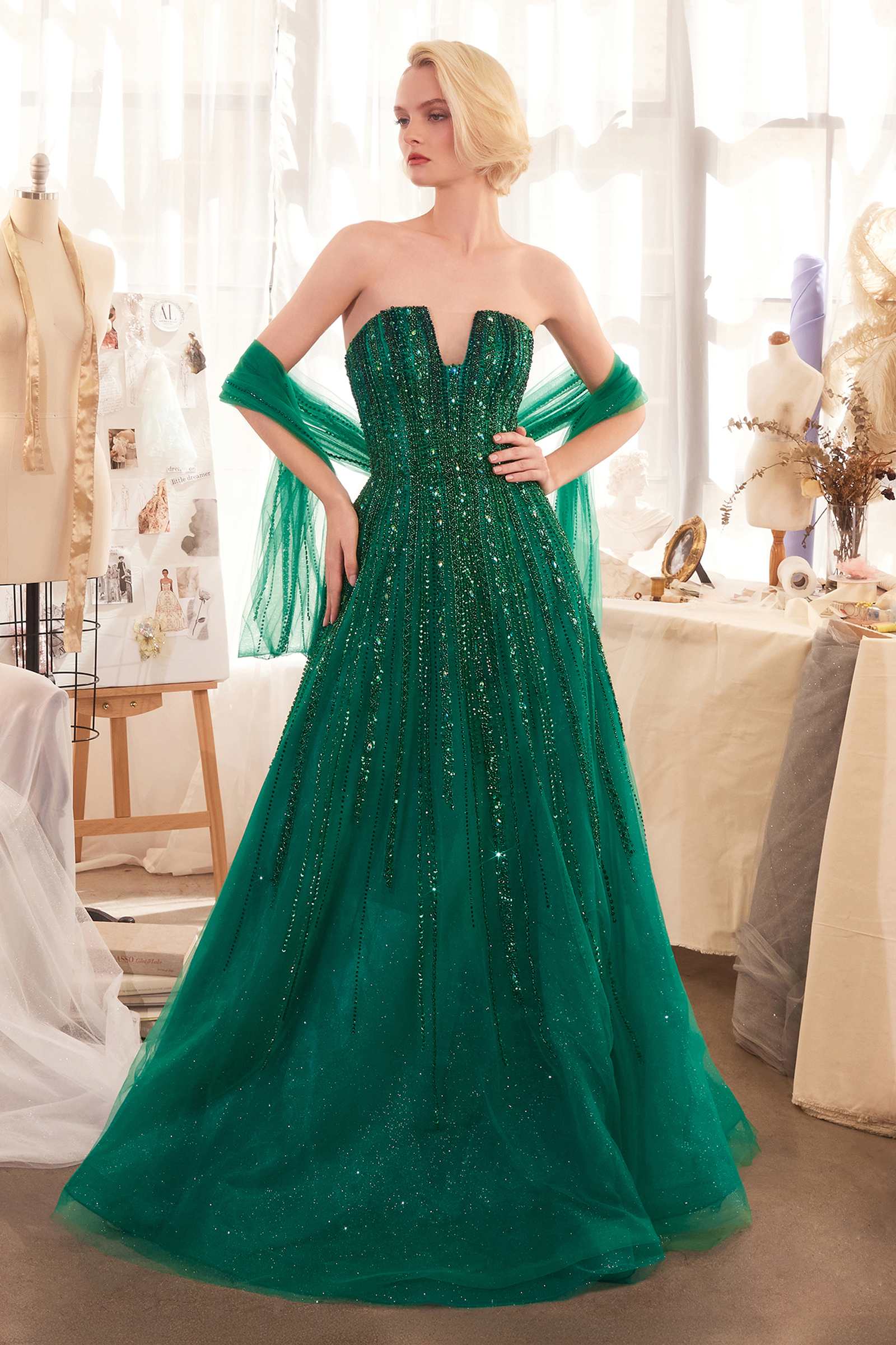 Emerald green ombre strapless A-line beaded gown with long sheer sleeves