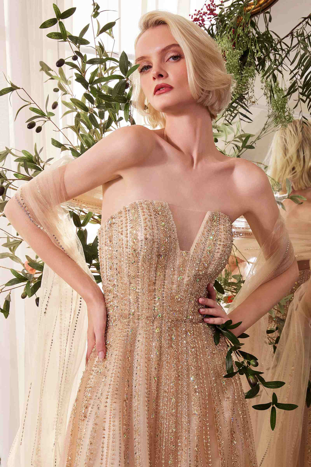 Champagne ombre strapless beaded gown with sweetheart neckline and fitted bodice