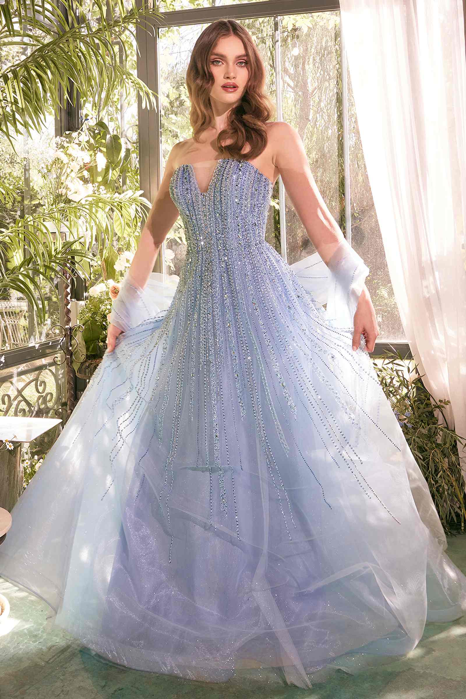 Light ombre strapless A-line beaded gown with flowing sheer sleeves and long skirt