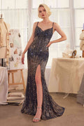 Andrea & Leo sequin ombre fitted gown with spaghetti straps, slit, navy-blue sparkle