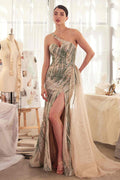 Embellished one-shoulder fitted gown with flowing overskirt, champagne sequin sparkle