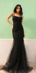 Black long fitted mermaid gown with thin spaghetti straps and glittery lace