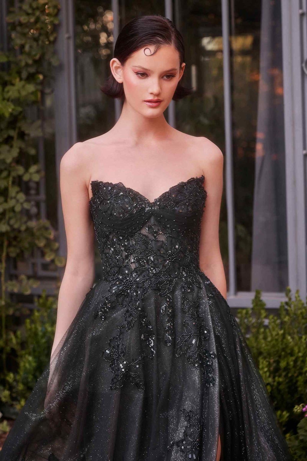 Black strapless ball gown with sparkling embellished bodice and sweetheart neckline