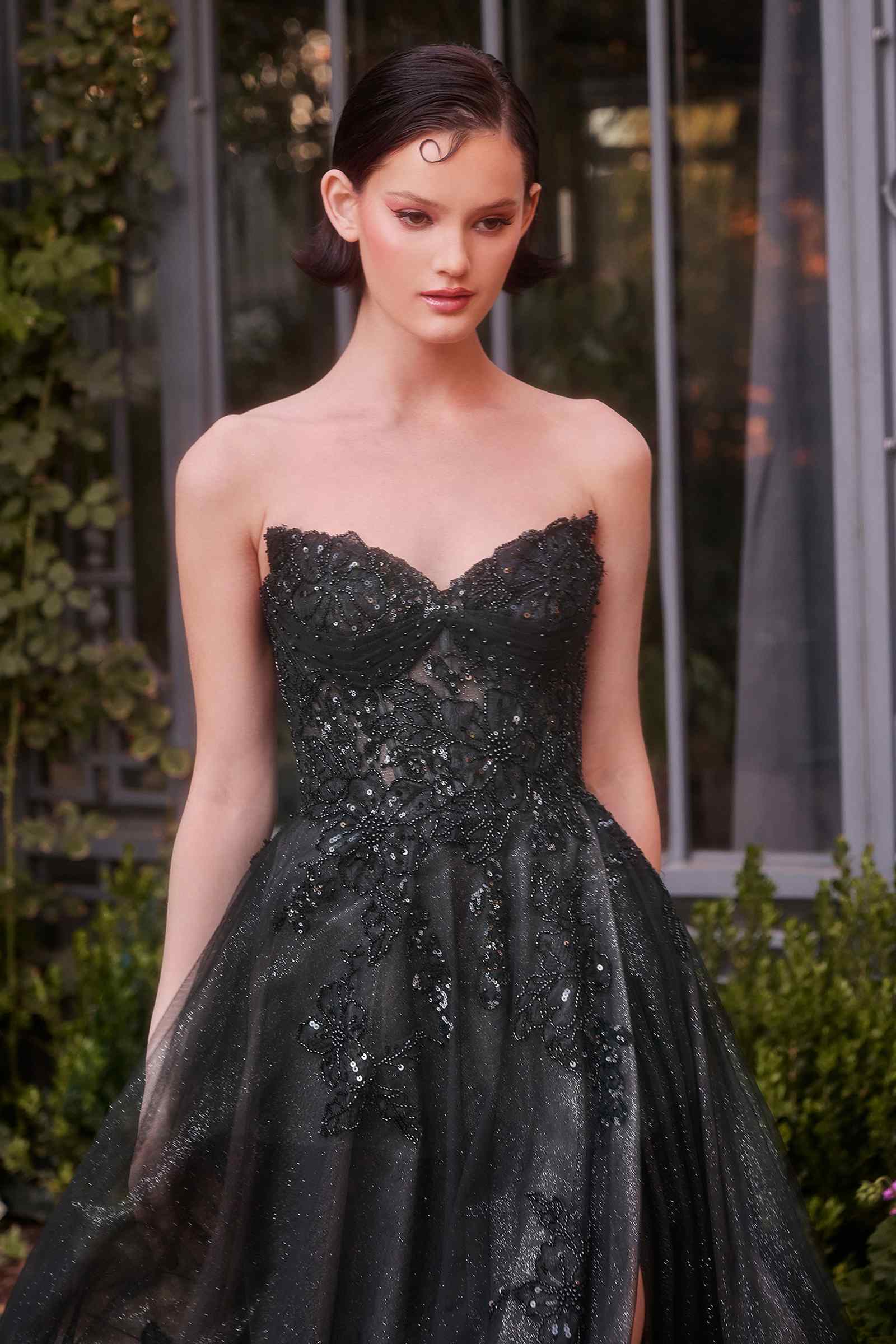Black strapless ball gown with sparkling embellished bodice and sweetheart neckline