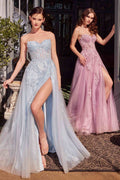 Strapless layered tulle ball gown in light blue and mauve pink, both with embellished bodices