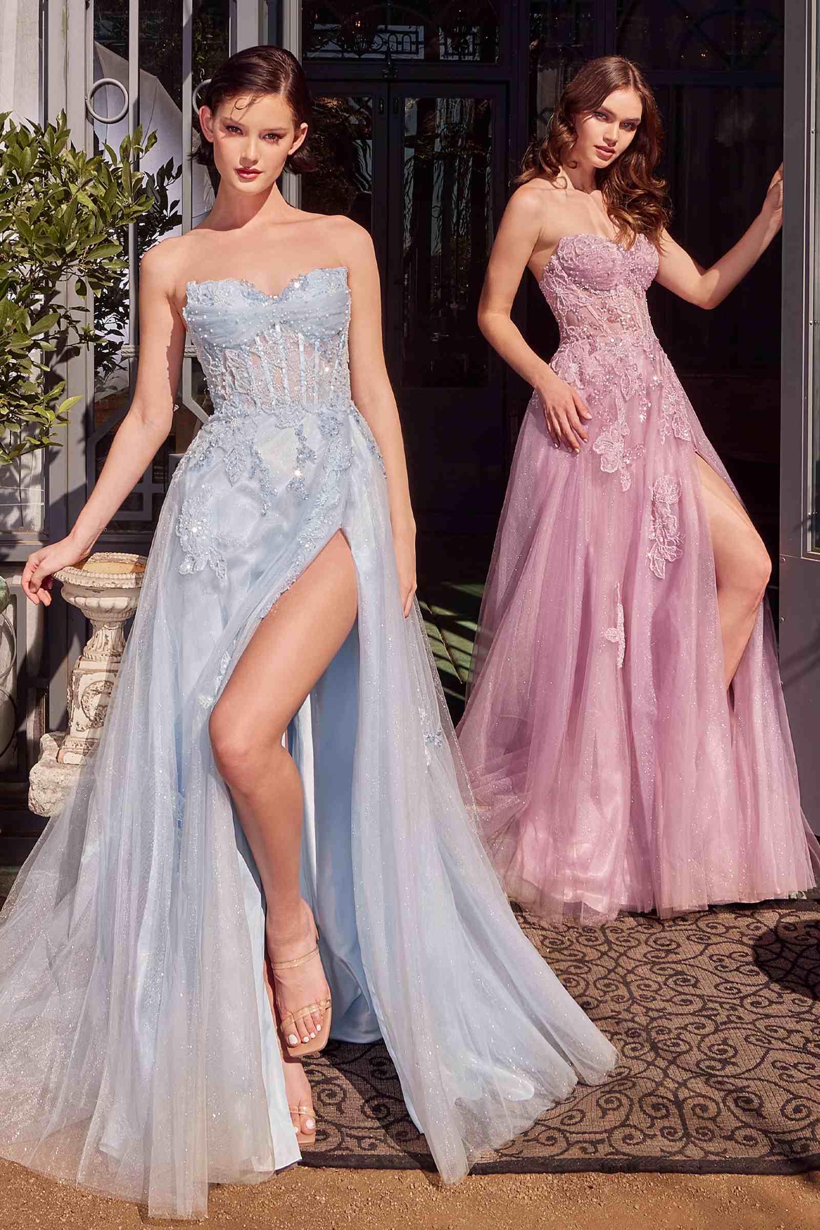 Strapless layered tulle ball gown in light blue and mauve pink, both with embellished bodices