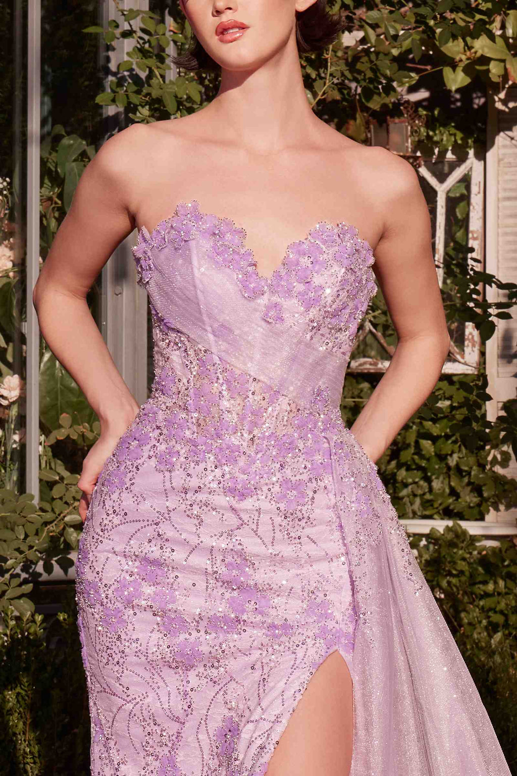 Lavender strapless fitted gown bodice with floral sequin motif and front slit