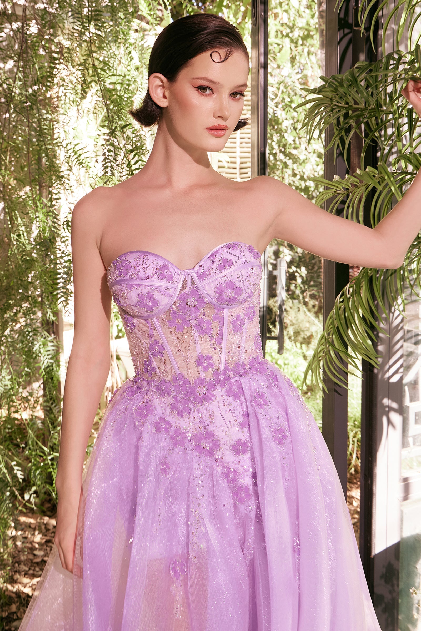 Lavender tulle A-line gown with sweetheart neckline and lace daisy detail, sleeveless