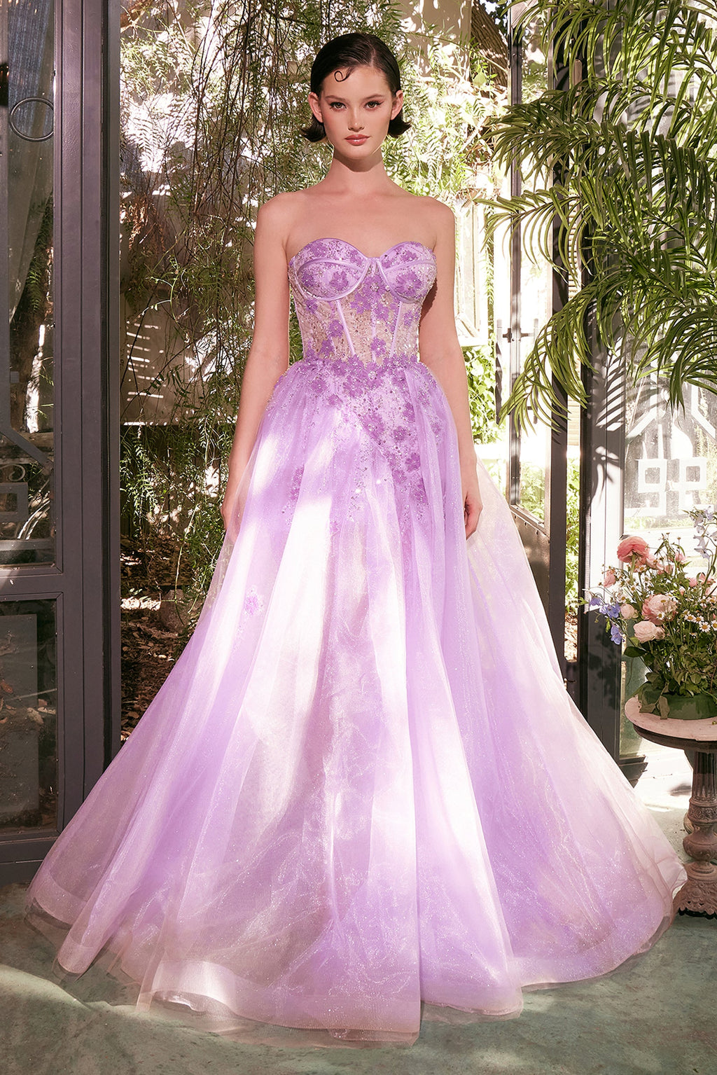 Lavender tulle A-line gown with sweetheart neckline and daisy appliques, asymmetric hem