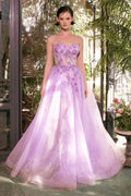 Lavender tulle A-line gown with sweetheart neckline and daisy appliques, asymmetric hem