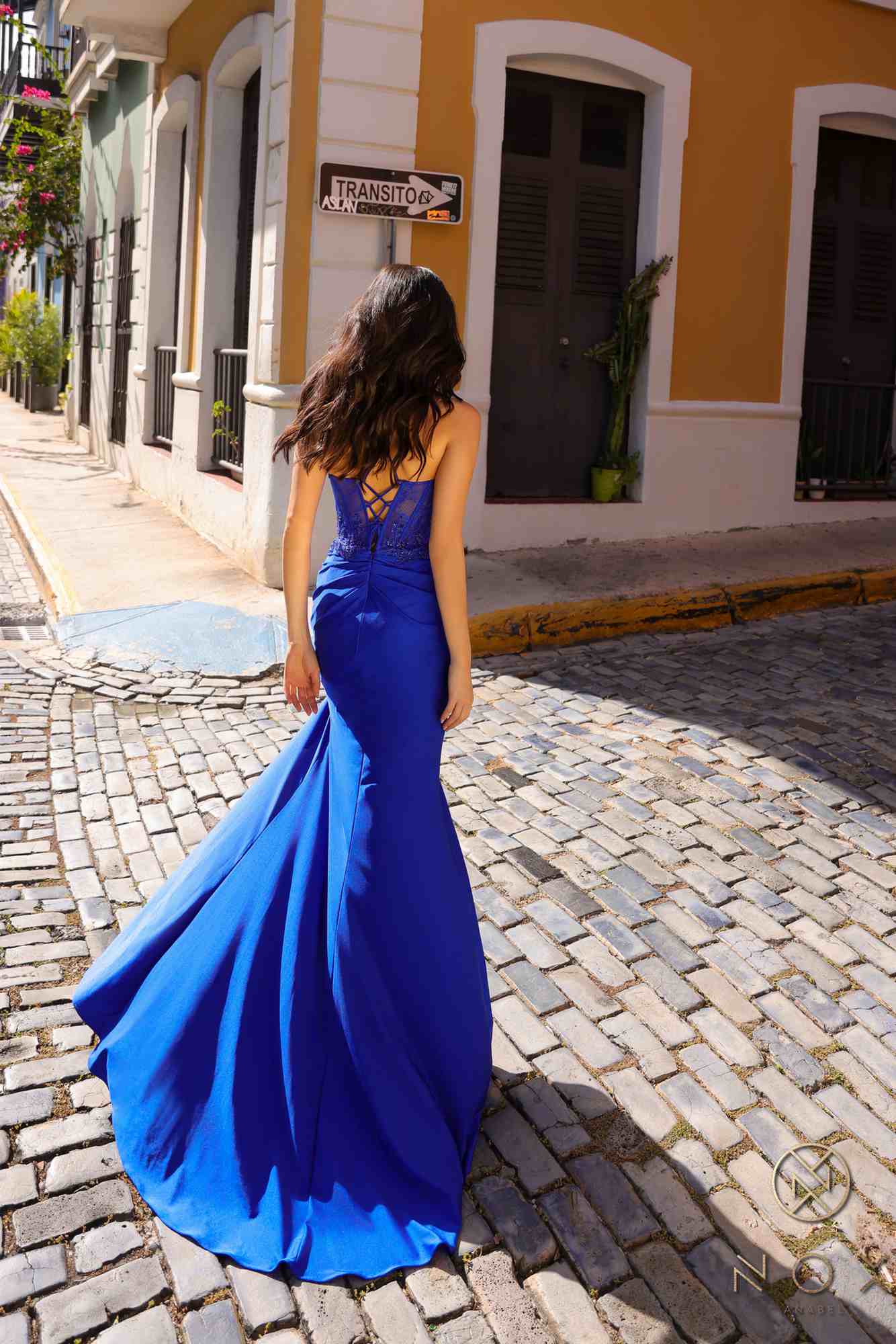 Blue satin fitted gown with open back and flowing train, spaghetti straps