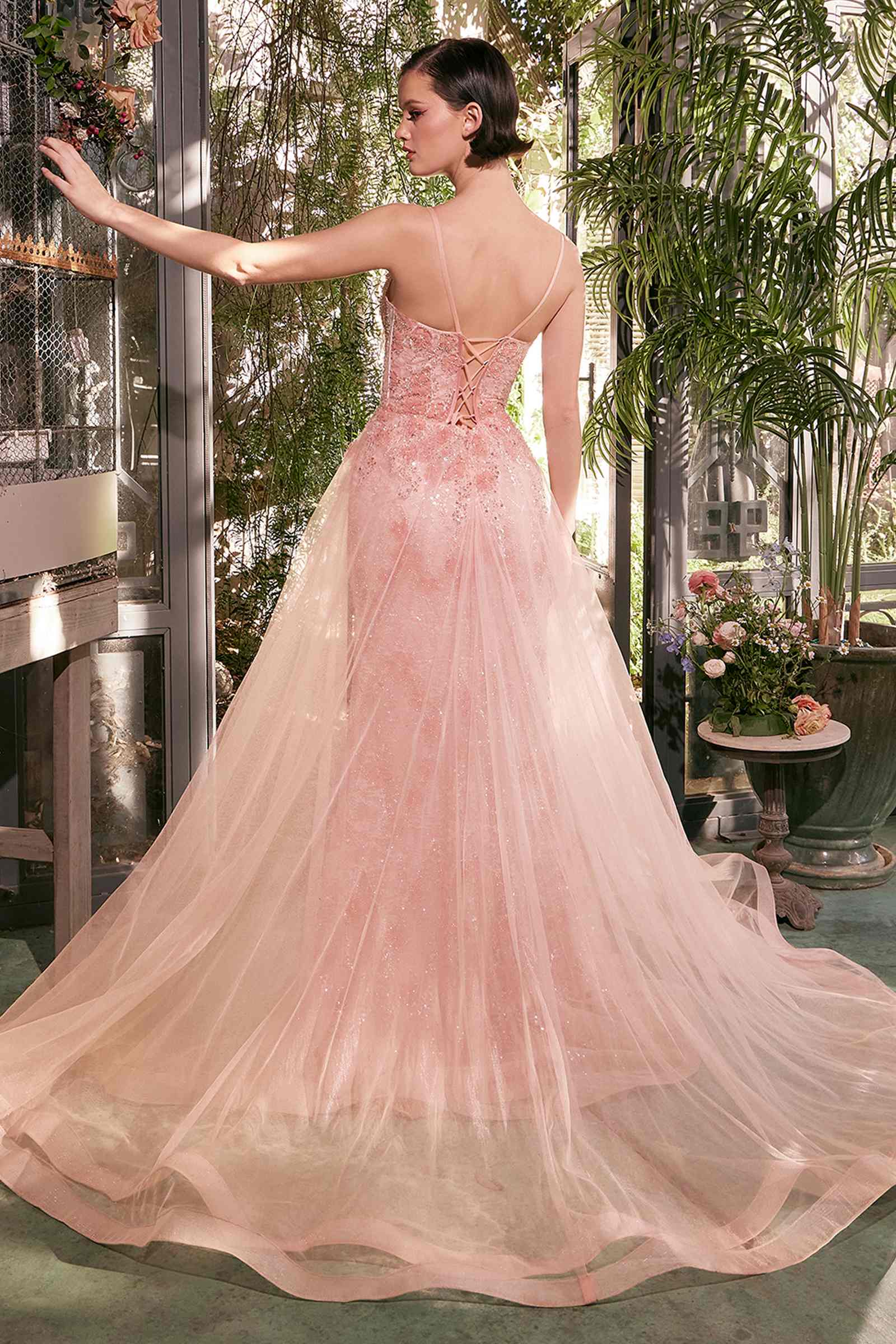 Blush tulle gown with lace bodice and open back, full tulle overskirt