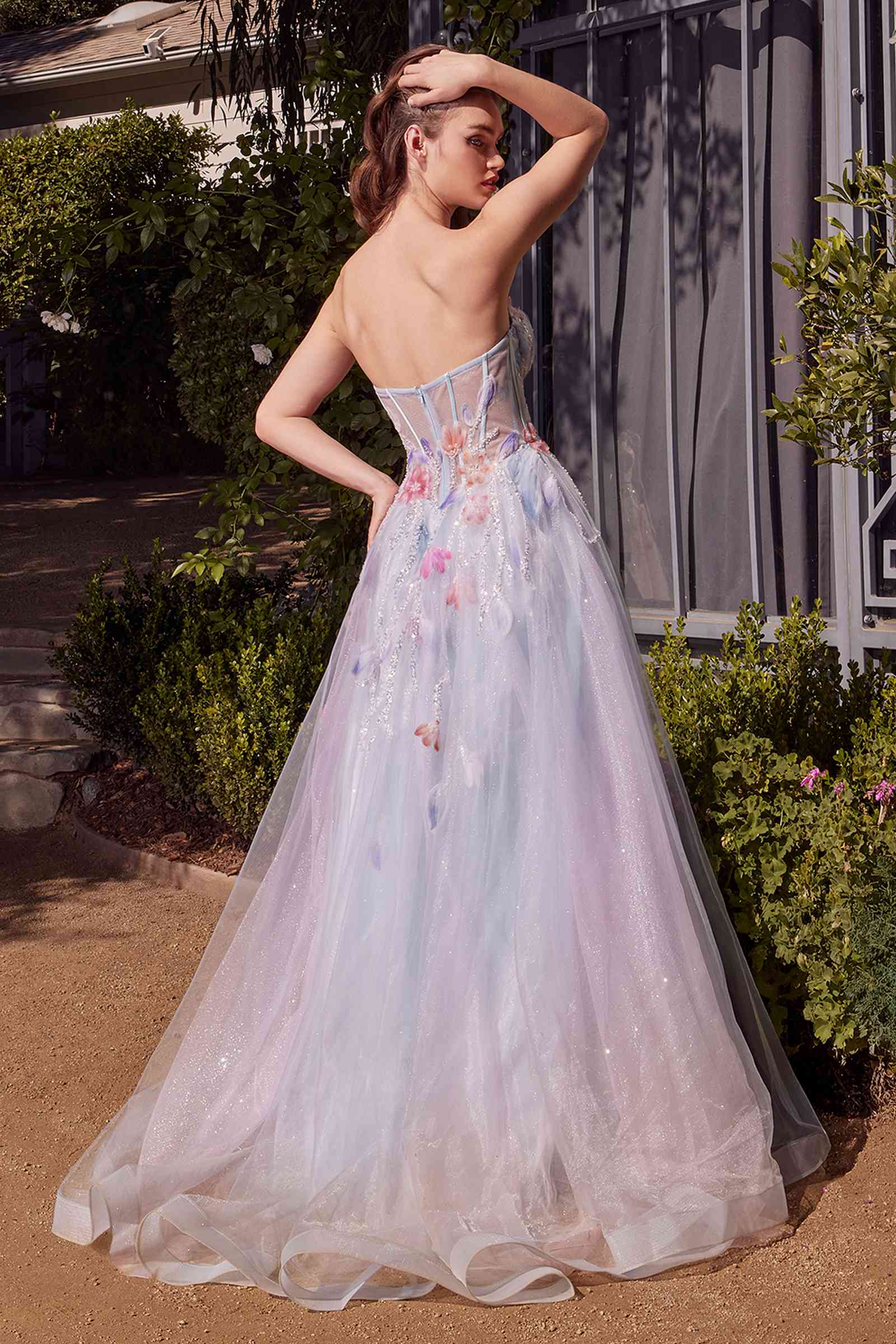 Light blue A-line dress with thin straps and sweetheart neckline, floral embroidery, tulle skirt