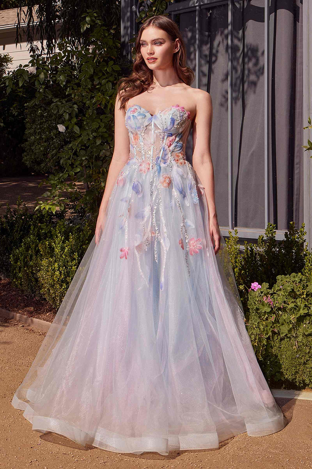 Light blue A-line strapless dress with sweetheart bodice, floral embroidery, tulle skirt