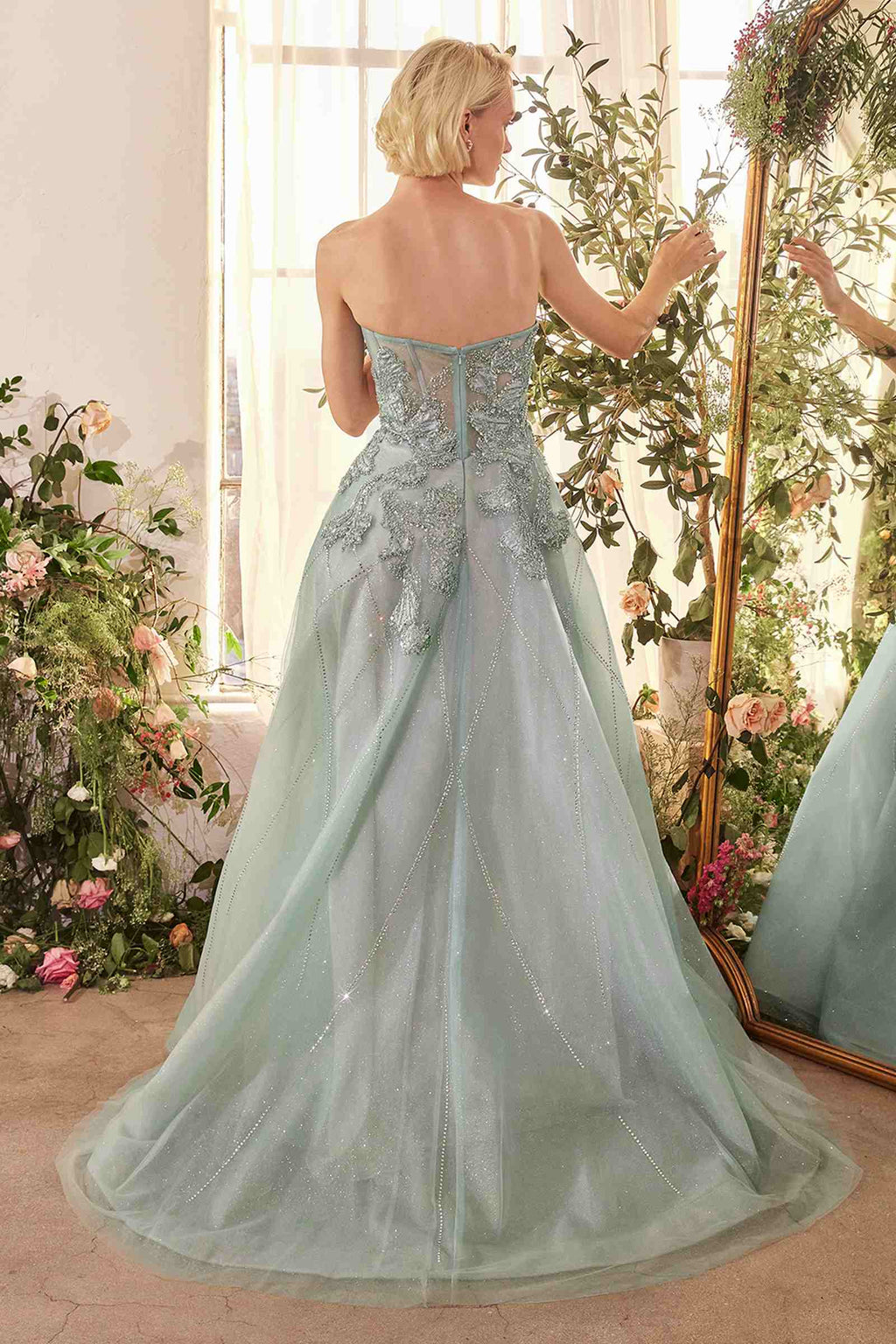 Backless sage green embellished tulle ball gown, strapless sweetheart bodice, full skirt