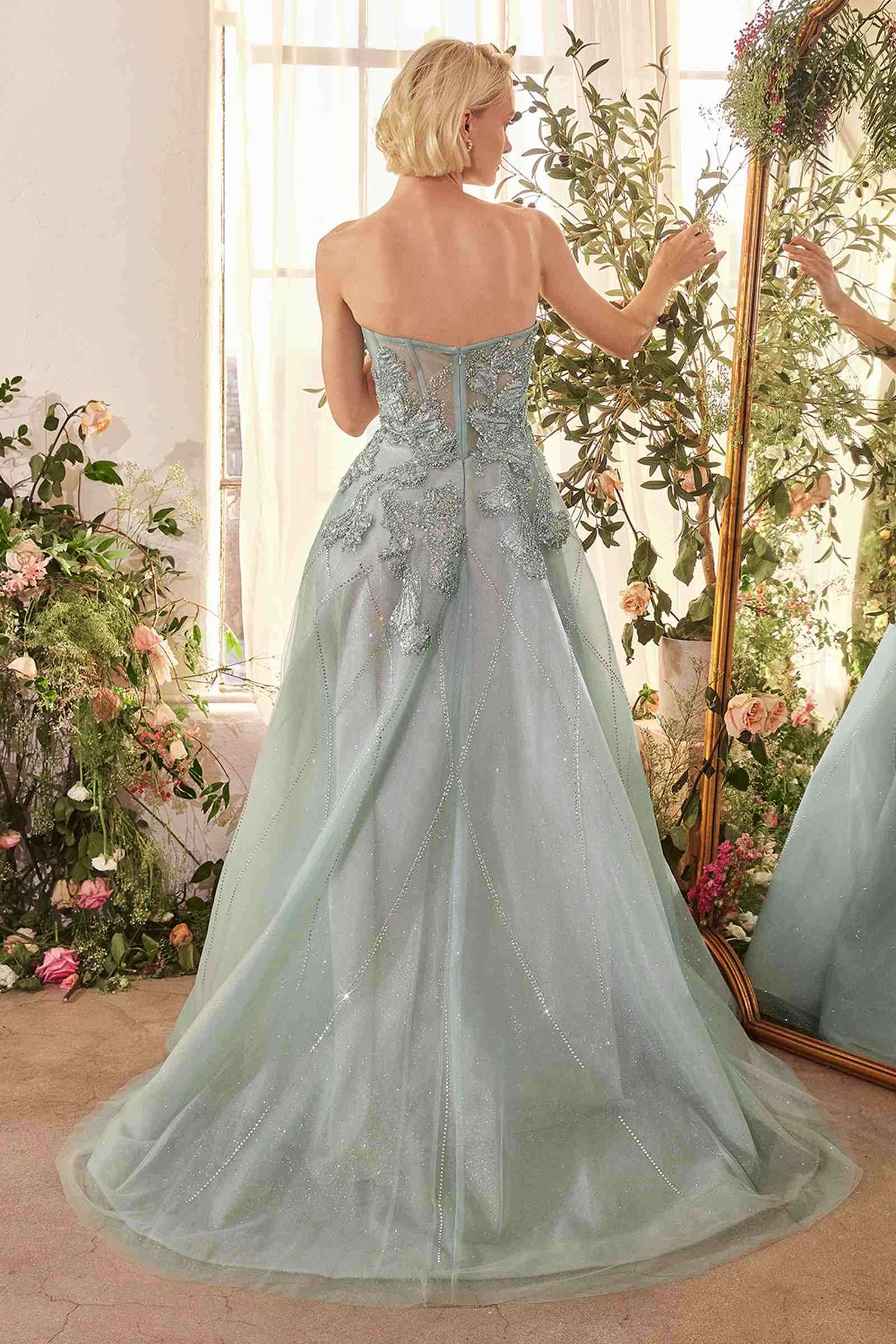 Backless sage green embellished tulle ball gown, strapless sweetheart bodice, full skirt