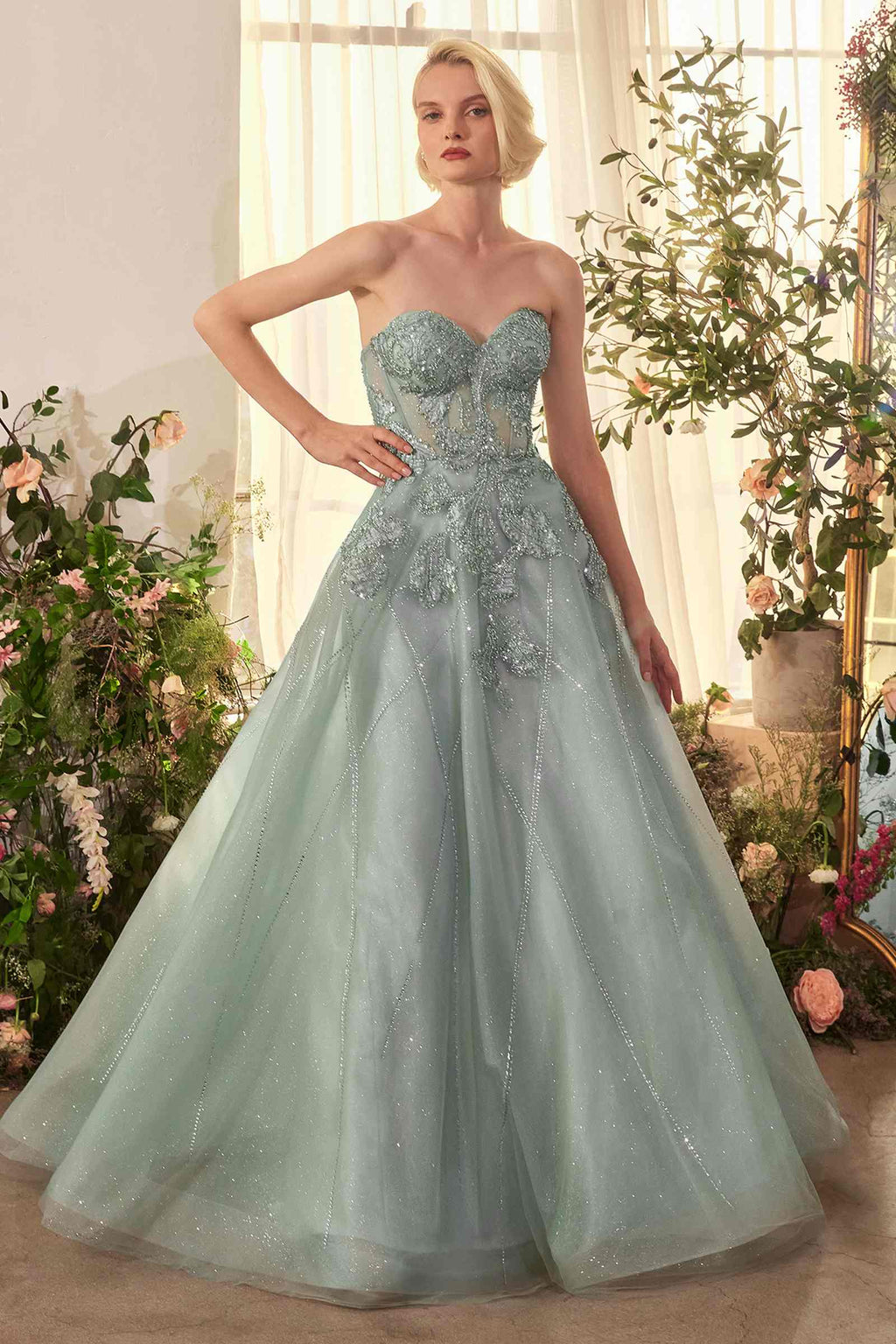 Strapless sage green embellished tulle ball gown, sweetheart bodice, full flared skirt