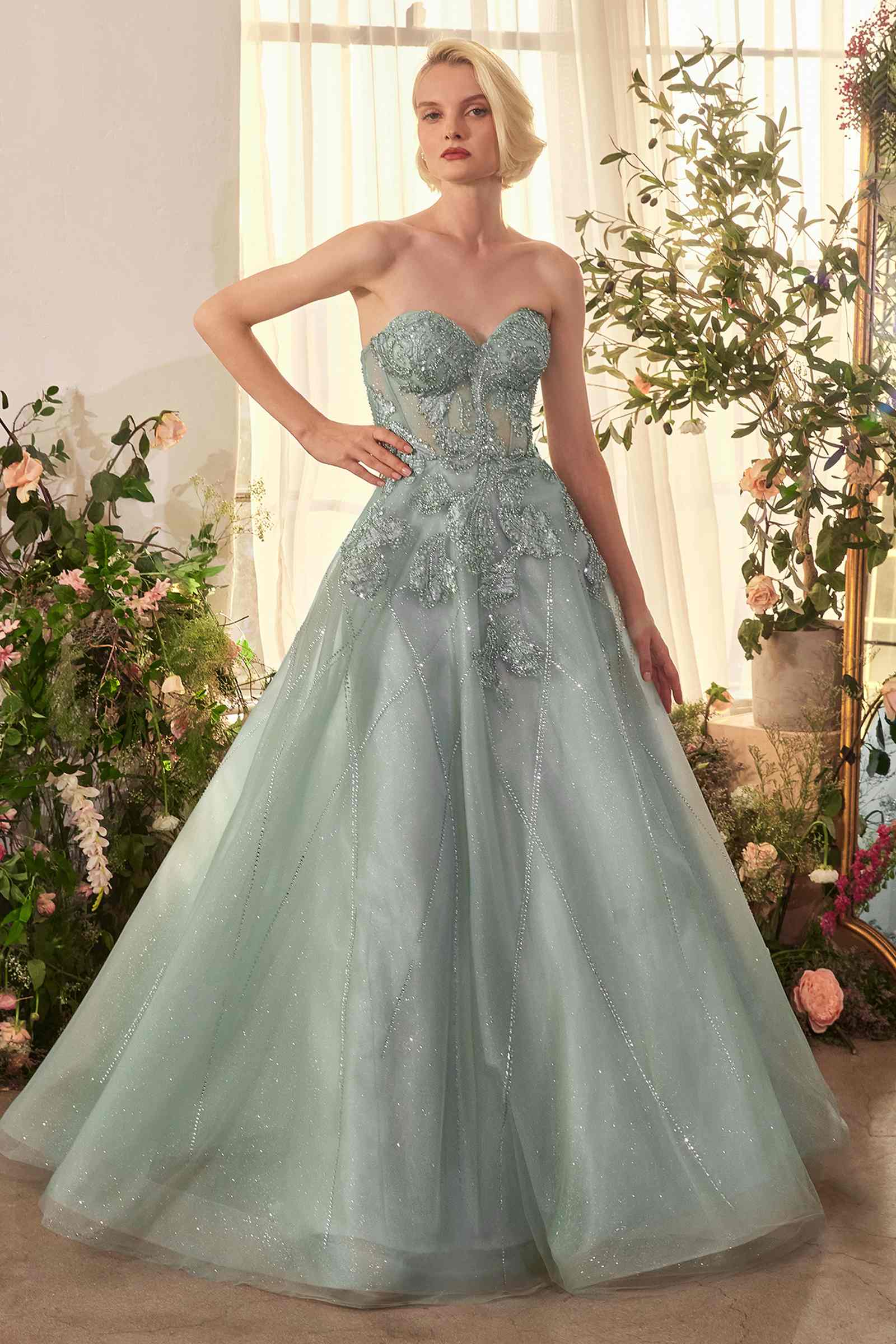 Strapless sage green embellished tulle ball gown, sweetheart bodice, full flared skirt